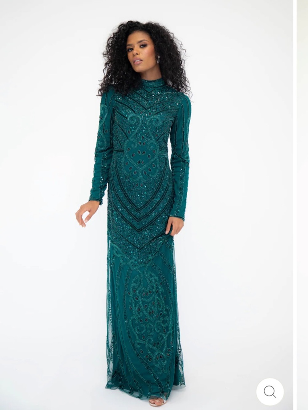 Emerald Green Embellished Maxi Dress with Long Sleeves